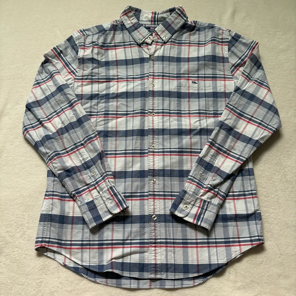 Vineyard Vines Shirt Mens Large Red White Blue Plaid Slim Fit Tucker Button Down